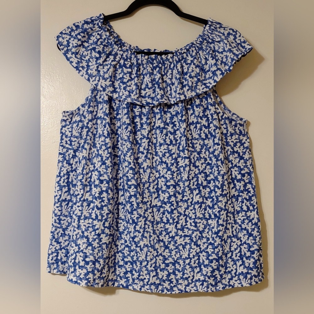 J.Jill Blue and White  Off-Shoulder Ruffle Cotton Blend Top L